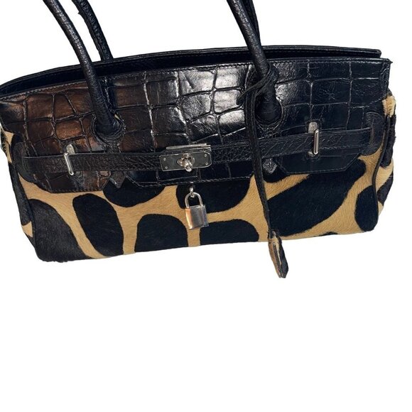 Womens Shoulder HandBag Brown Cowhide Hair Croc Embossed Leather Made In Italy - Picture 4 of 16